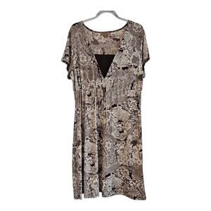 Notations Dress Brown White Floral Stretch Short Sleeve Unlined 1X
